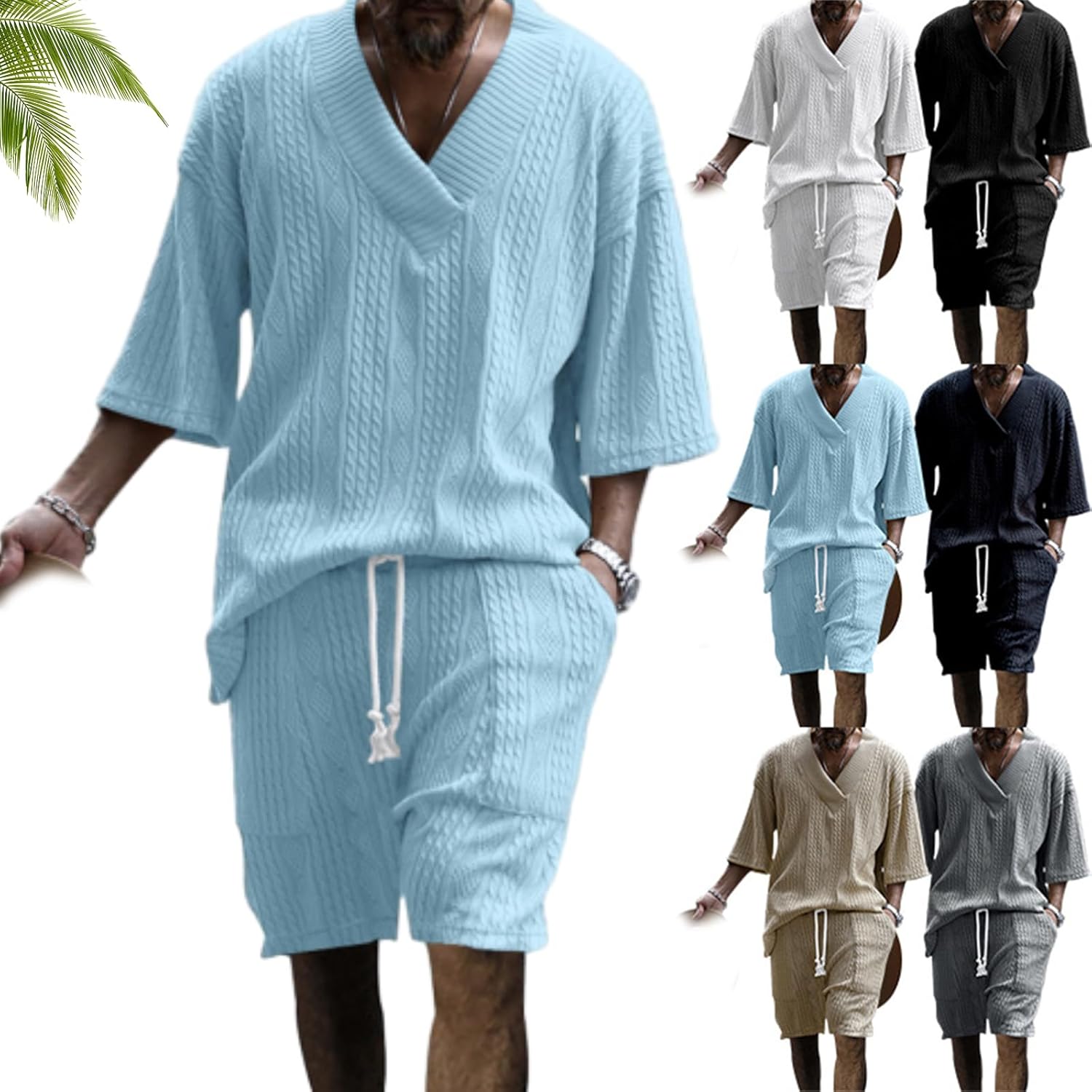 Athleisure Cable Jacquard Set Men, Mens Solid V-Neck 3/4 Sleeve Tee and Shorts, Casual Cable Knit T-Shirt Set Men