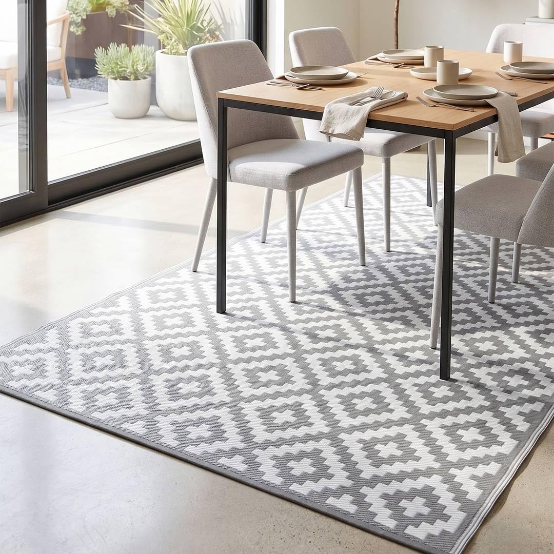 Green Decore Bliss Grey White Outdoor Camping Rug 120x180cm 4x6ft Reversible Waterproof Picnic Mat Garden Patio Balcony Beach Festival Tent Ground Mat Compact Floor Rug Foldable Lightweight Portable