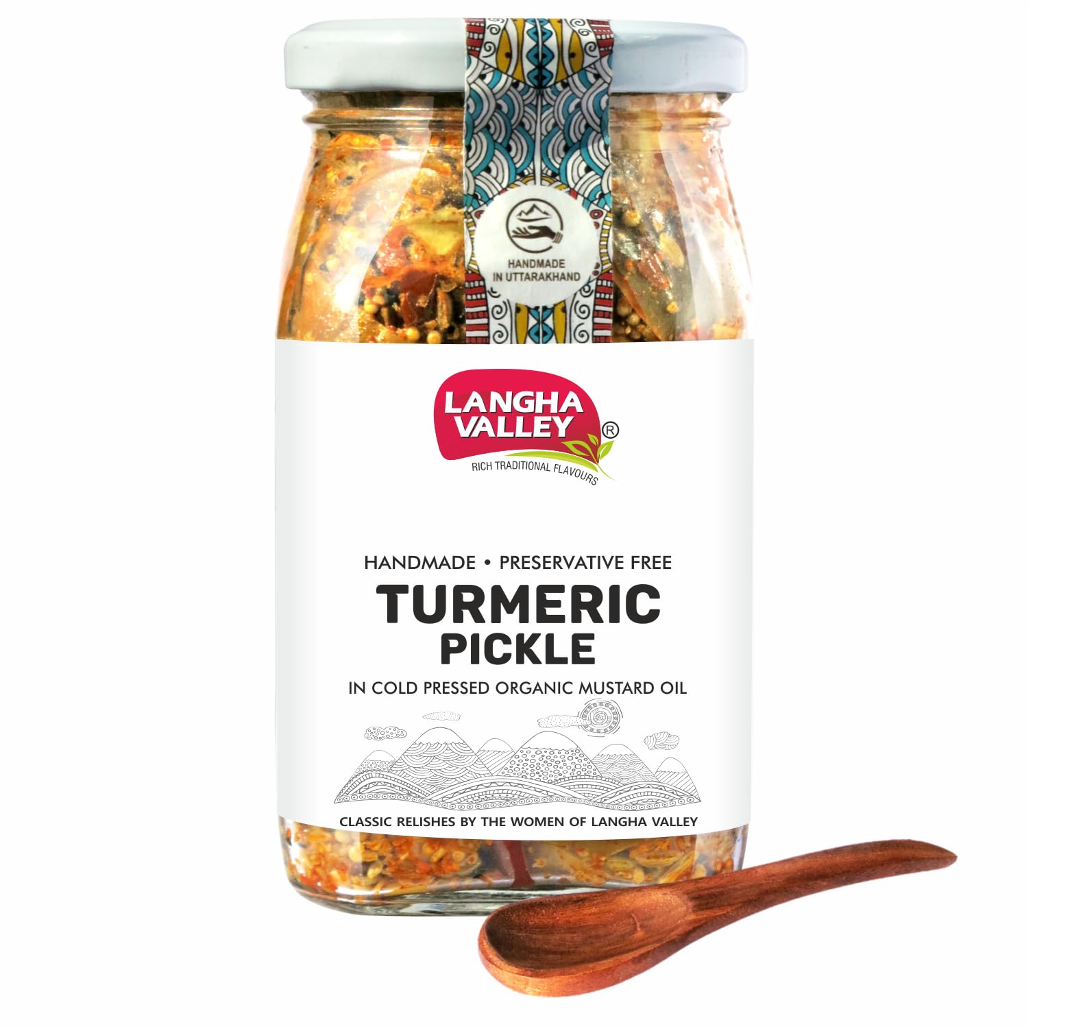 LANGHA VALLEY Homemade Raw Turmeric Pickle, Haldi Ka Achar, Made with Organic Cold Pressed Mustard Oil, Sun Dried and Sun Matured, Glass Jar with Wooden Spoon - 360 Grams (B0816GDWD2) Amazon Price History, Amazon Price Tracker