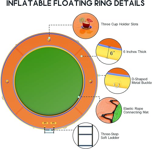 Miniatura 4 de SPECRAFT Hamaca de agua inflable de 12 pies, anillo flotante redondo resistente para adultos, balsa de agua circular con soporte para tazas y