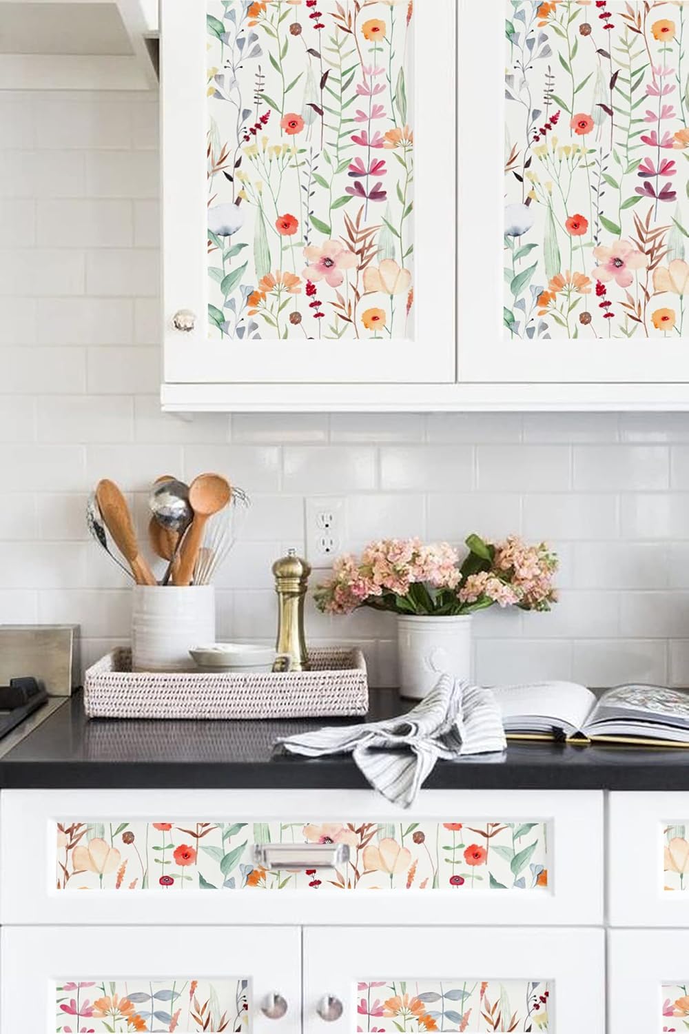 Blooming Wall DPY81 Removable Watercolor Fresh Leaves with Multicolor Little Flowers Textured Peel and Stick Wallpaper Self-Adhesive Prepasted Wallpaper Wall Décor