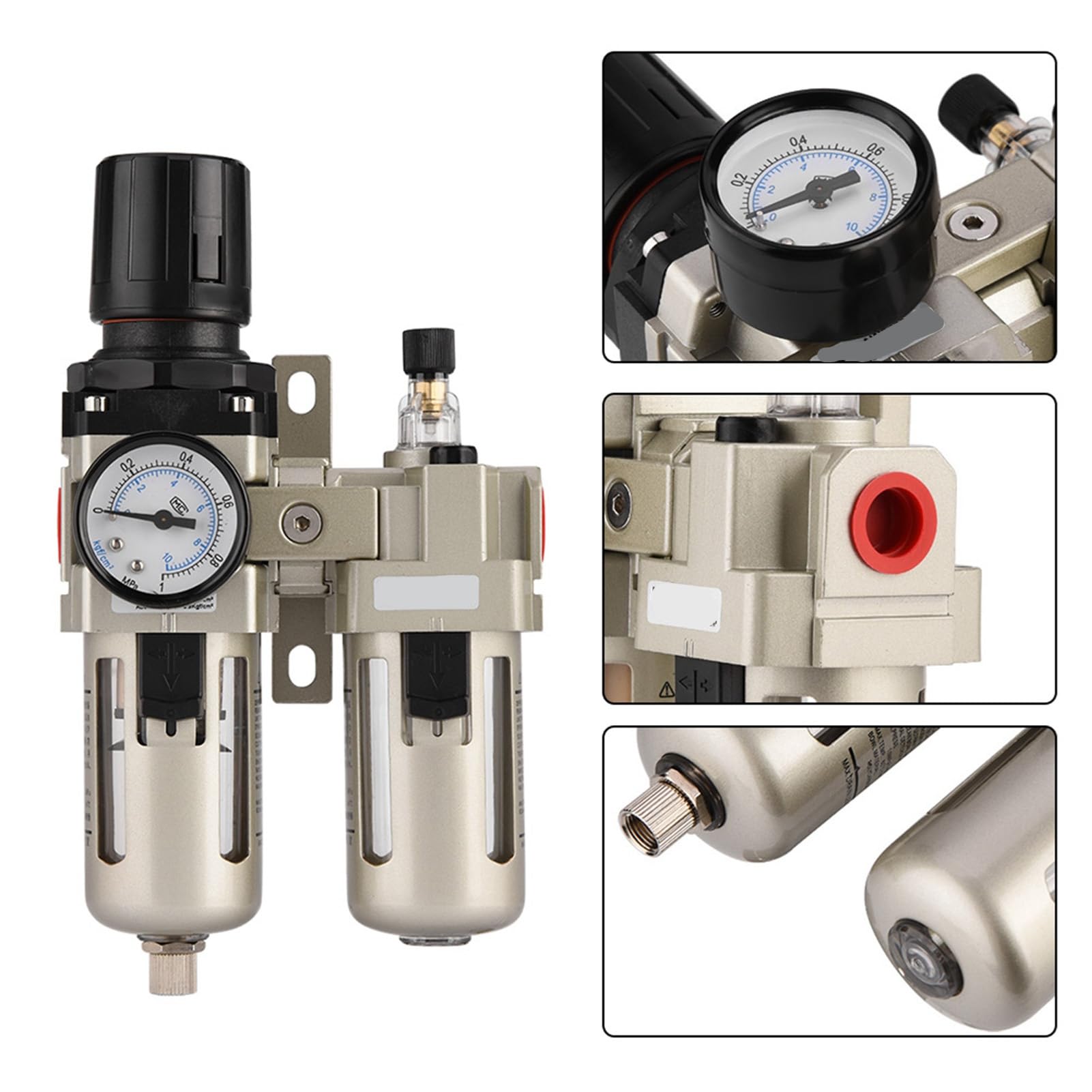 Regulador de Filtro y Lubricador de Aire Comprimido, AC3010-03, Combinado con Filtro de Agua y Separador de Humedad, Entrada 3/8", Aleación de Aluminio, Presión 0.05-0.85MPa