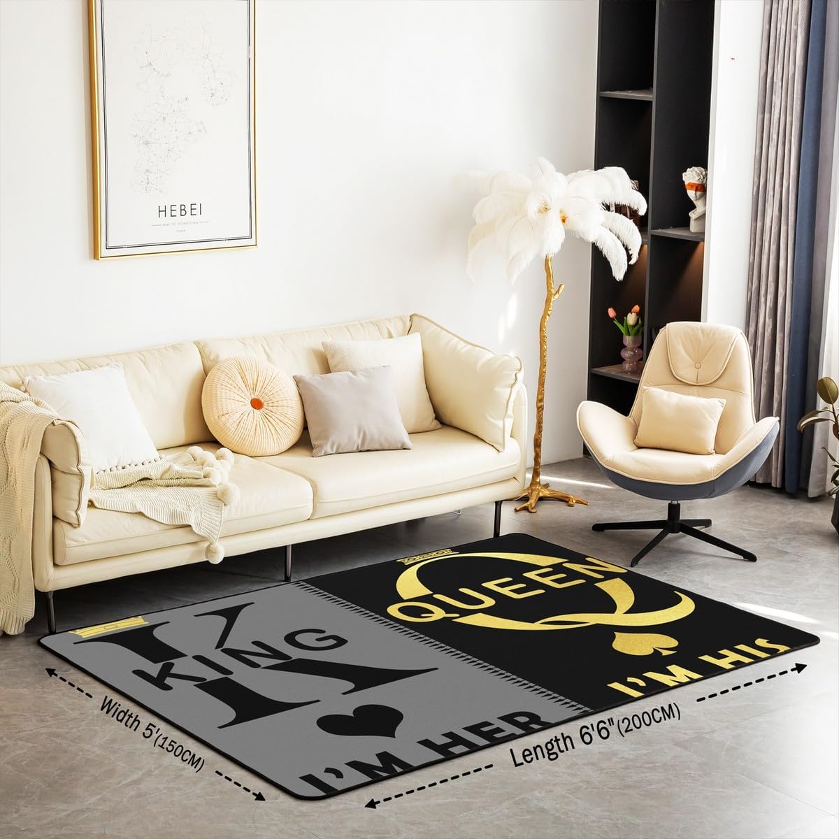 Manfei King and Queen Area Rug Her and His Crown Floor Mats Rugs for Lover Couple Room Decor, Grey Black Gold Decorative Rug for Living Room, Absorbent Carpets, 3'x5'