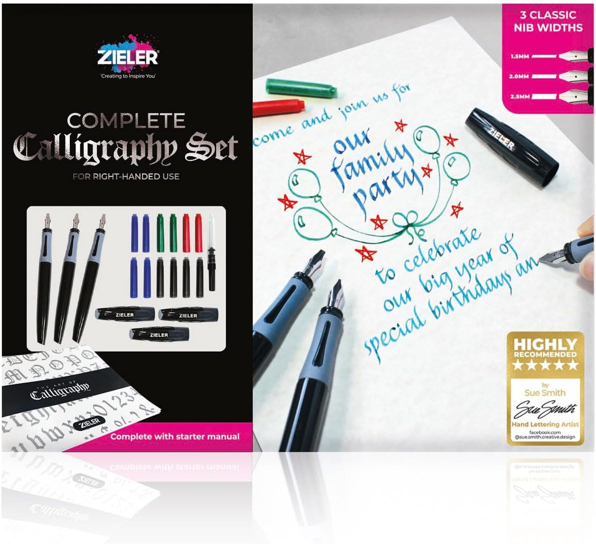 Zieler Calligraphy Pen Set - Complete 3 Pen 17-piece Calligraphy Writing Set - Free-Flowing Pens with Soft Rubber Finger Grip - Suitable for All Levels