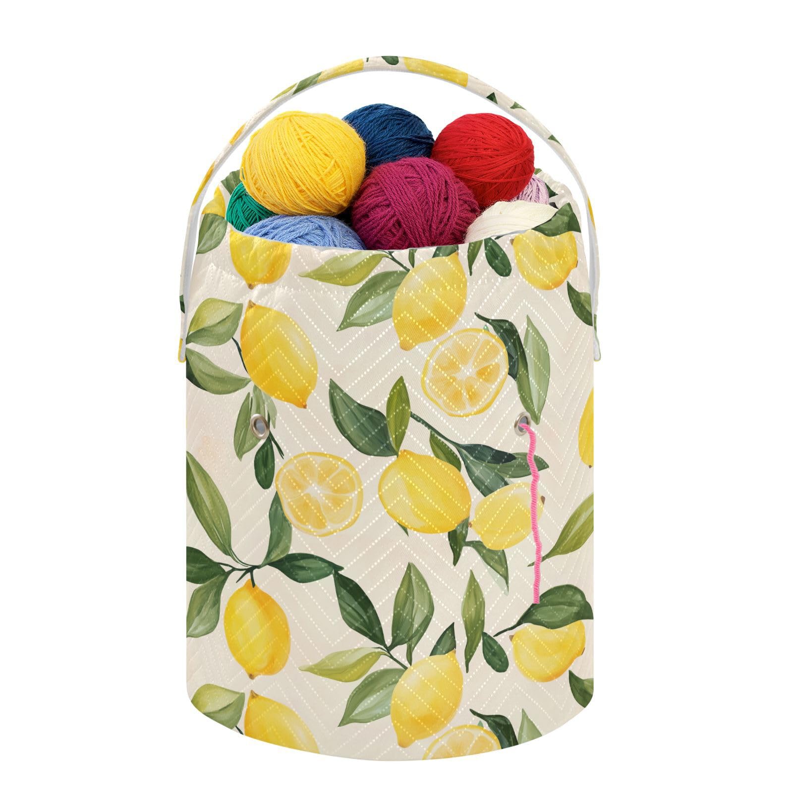 Fustylead Vibrant Lemon and Leaves Yarn Storage Bag and Knitting Crochet Tote, Large Yarn Drawstring Basket for Crocheting Kit, Project, Sewing Supplies, Needles