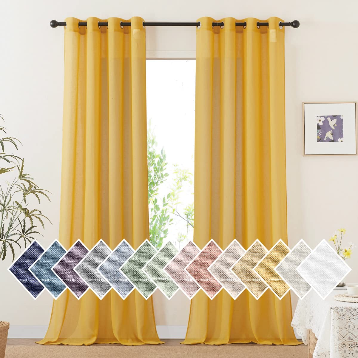 NICETOWN Semi Sheer Gold Curtains 96 inches Long, Grommet Linen Weave Vintage Vertical Drapes Privacy with Light Filtering for Living Room/Farmhouse,
