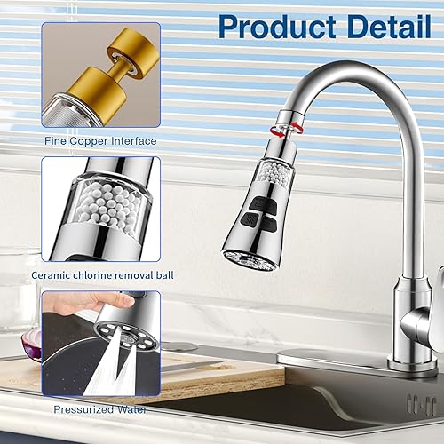Miniatura 3 de Grifo de filtro de agua para fregadero, juego de filtro giratorio de 360 con 6 accesorios, extensor de rociador de 3 modos, purificador para quitar