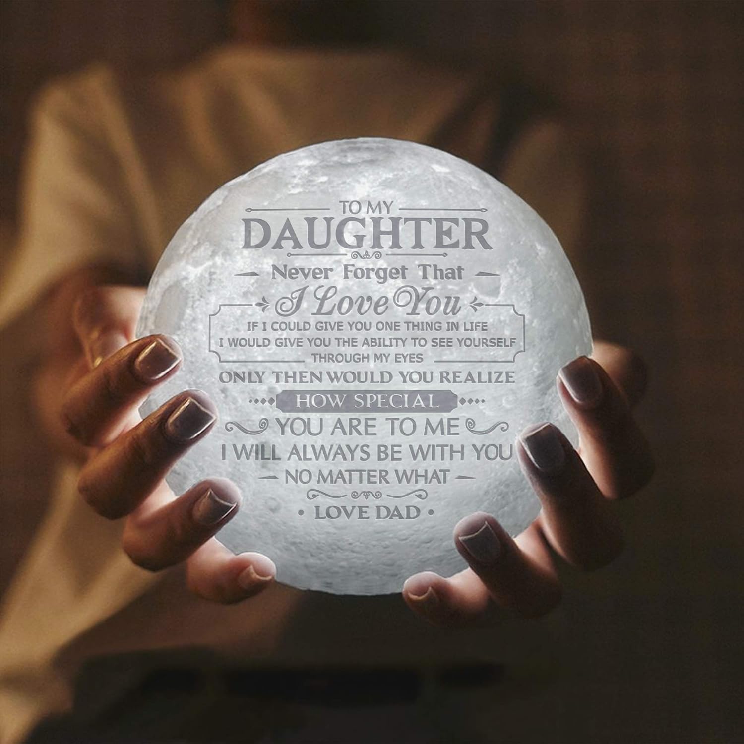 Doptika Engraved Moon Lamp Night Light - Never Forget That I Love You - Moon Light with Touch Control Brightness - from Mom/Dad to Daughter (ML-039 - from Dad)