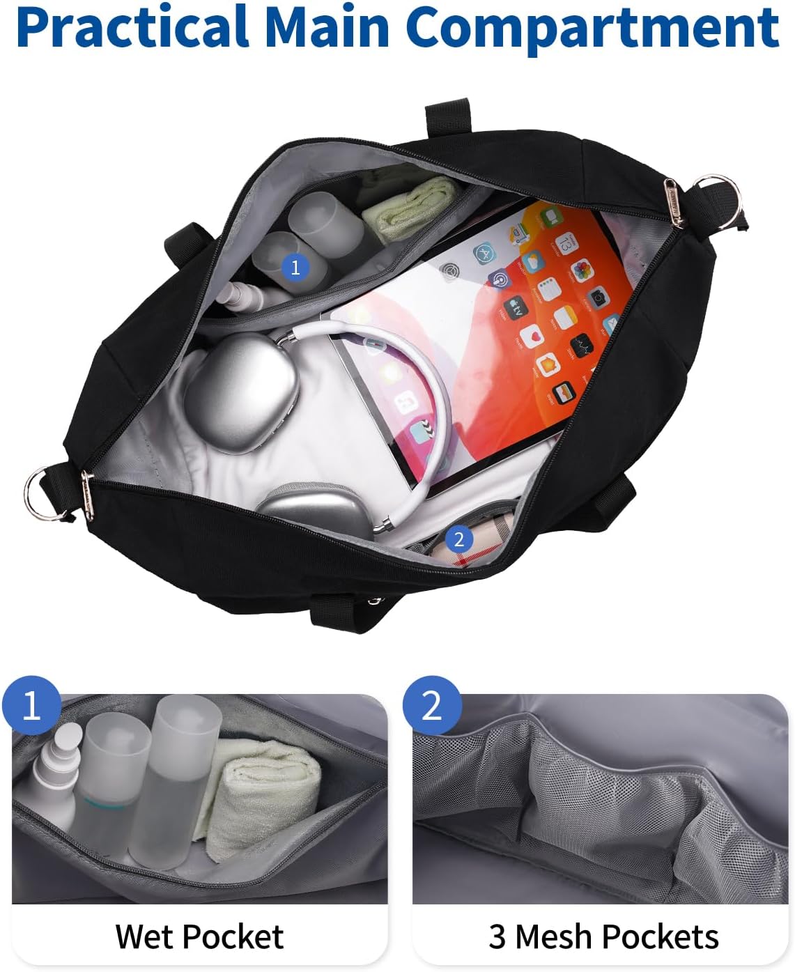 Narwey Carry on luaggage 22x14x9 Airlines Approved Foldable Carry on Bag Travel Duffel Packable Duffle with Wet Pocket Overnight for Women and Men 40L (Black) - Image 4