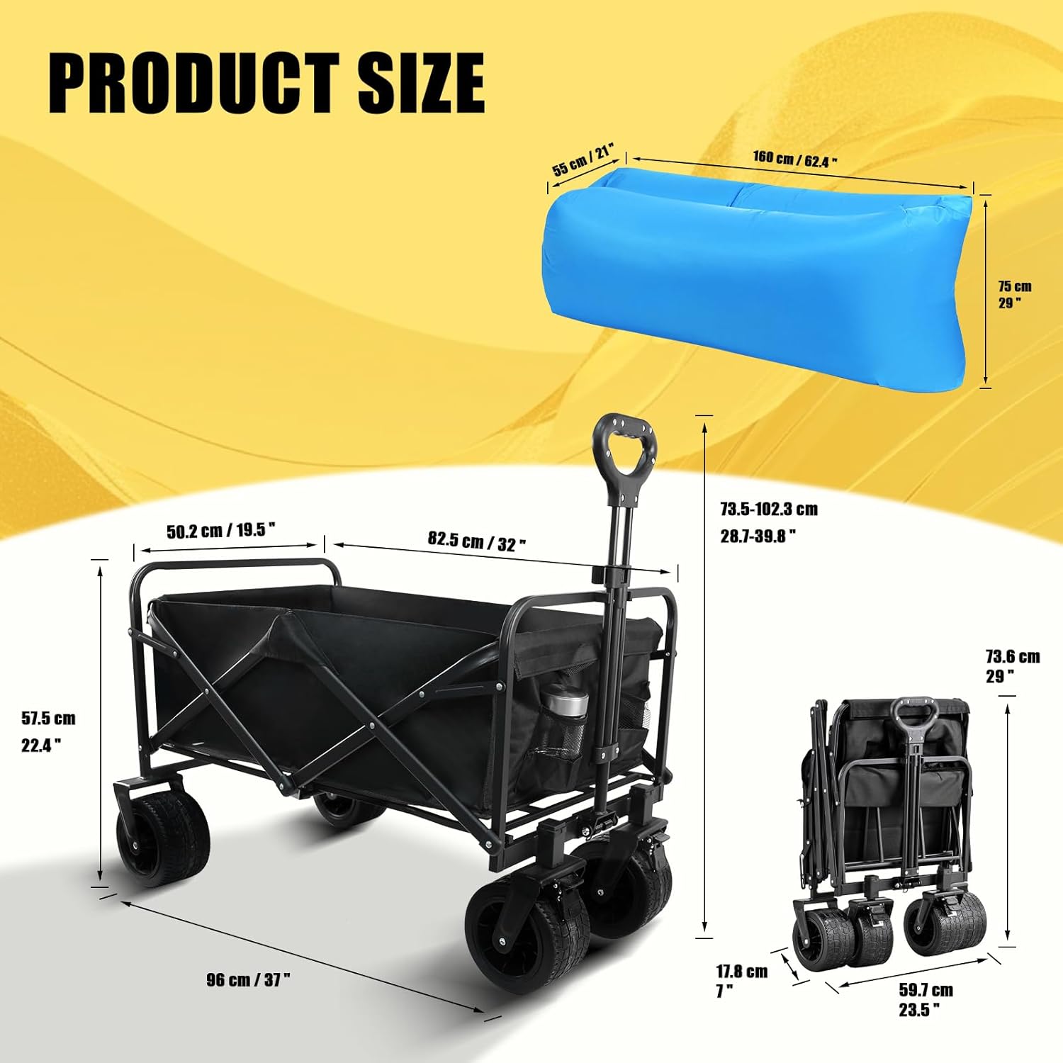 Beach Cart with Big All-Terrain Wheels for Sand & Air Sofa, 440 LBS Wagons Carts Foldable, Collapsible Folding Wagon with Cup Holders, Utility Carts for Camping, Beach, Garden and Shopping