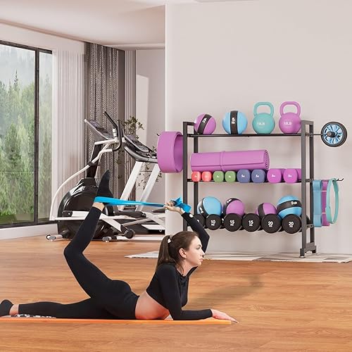 Miniatura 7 de Soporte ajustable de 3 niveles para mancuernas  Soporte de almacenamiento de peso de metal resistente para mancuernas, pesas rusas y más