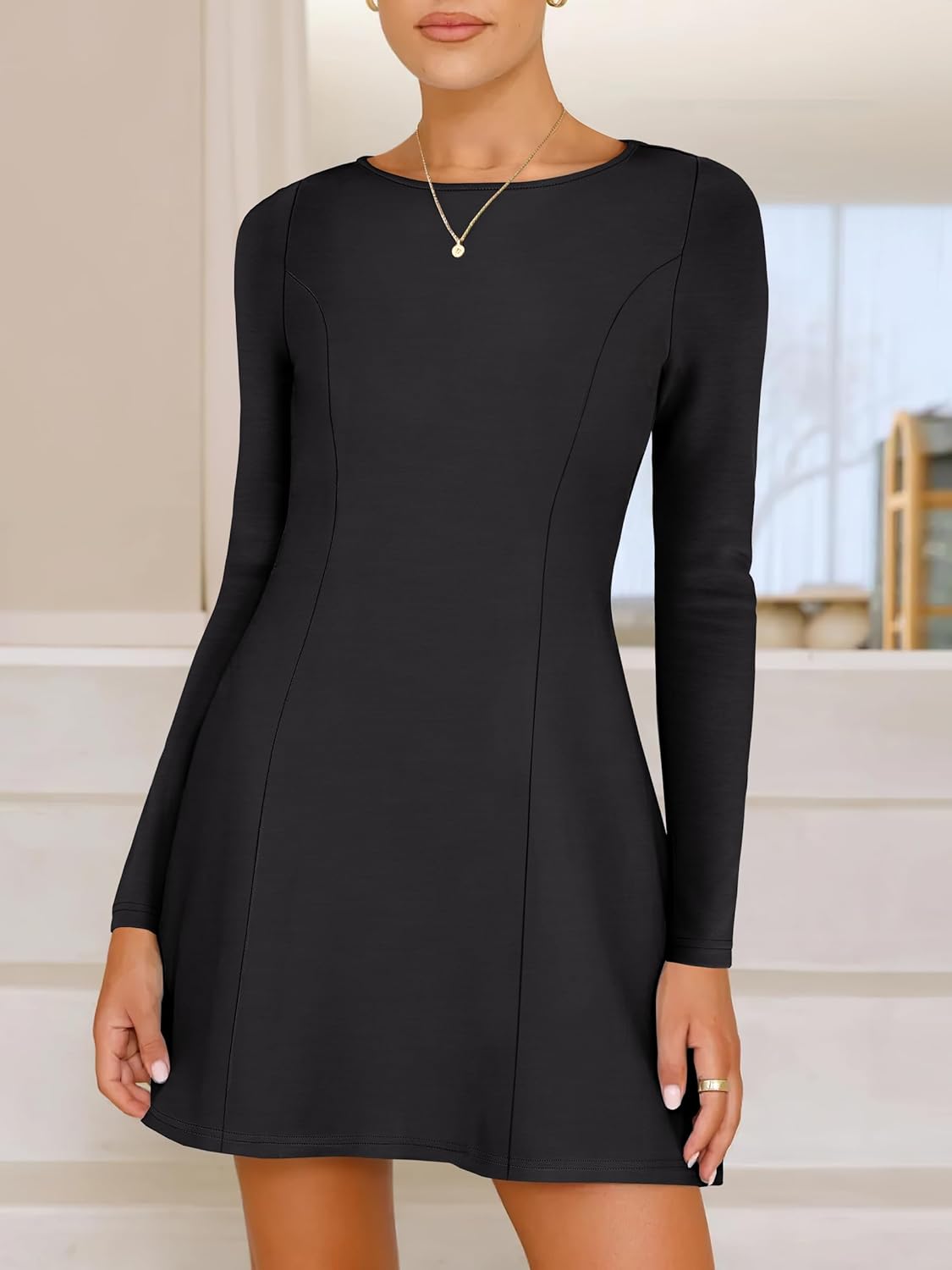 ANRABESS Women's Long Sleeve A-Line Mini Dress 2026 Spring Boat Neck Semi Formal Fit and Flare Casual Business Short Dresses - Image 2