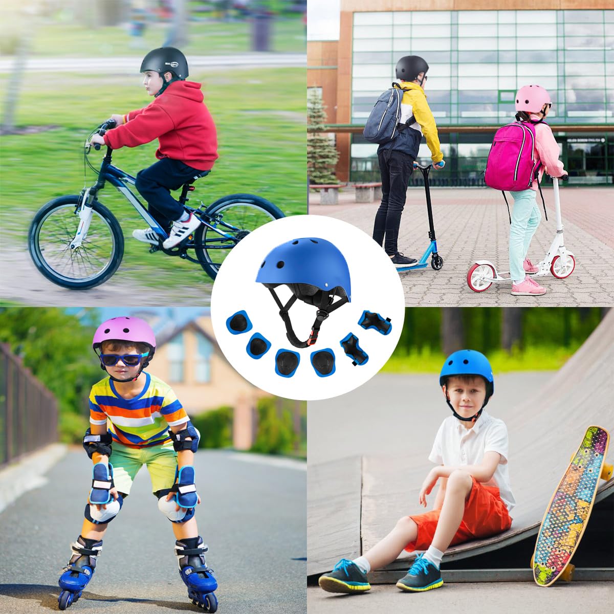 Casco de bicicleta para niños de 2 a 14 años, casco de seguridad ajustable con equipo de protección, cascos de monopatín con rodilleras, coderas, muñequeras (azul, S (para edades de 2 a 8 años) 6
