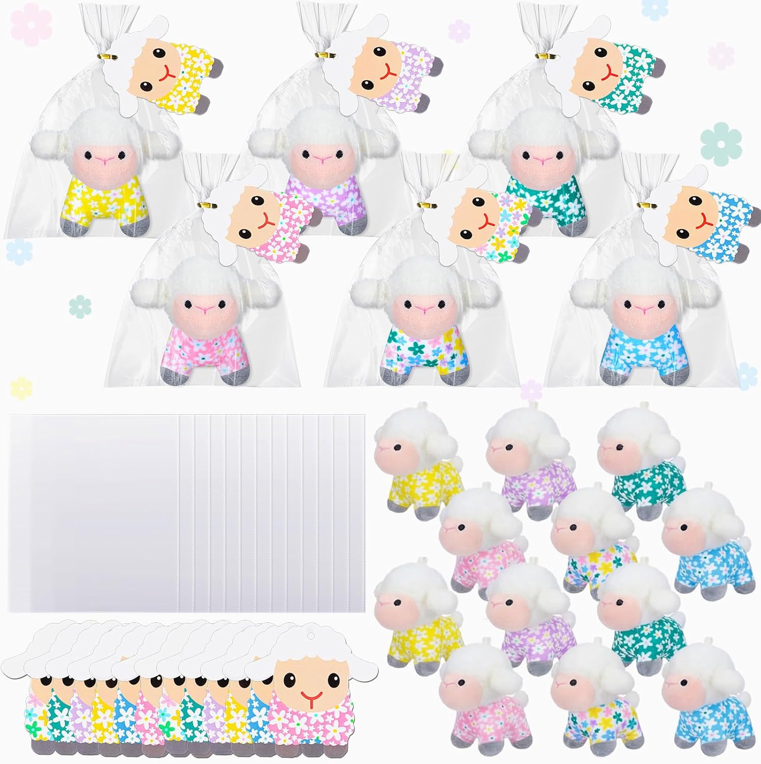 12 Set Easter Sheep Stuffed Animal Plush Toys Bulk for Kids 4.5'' Mini Stuffed Animal Small Plush Fluffy Toys with Card for Easter Egg Hunt Favor Basket Filler Hunt Game Supply