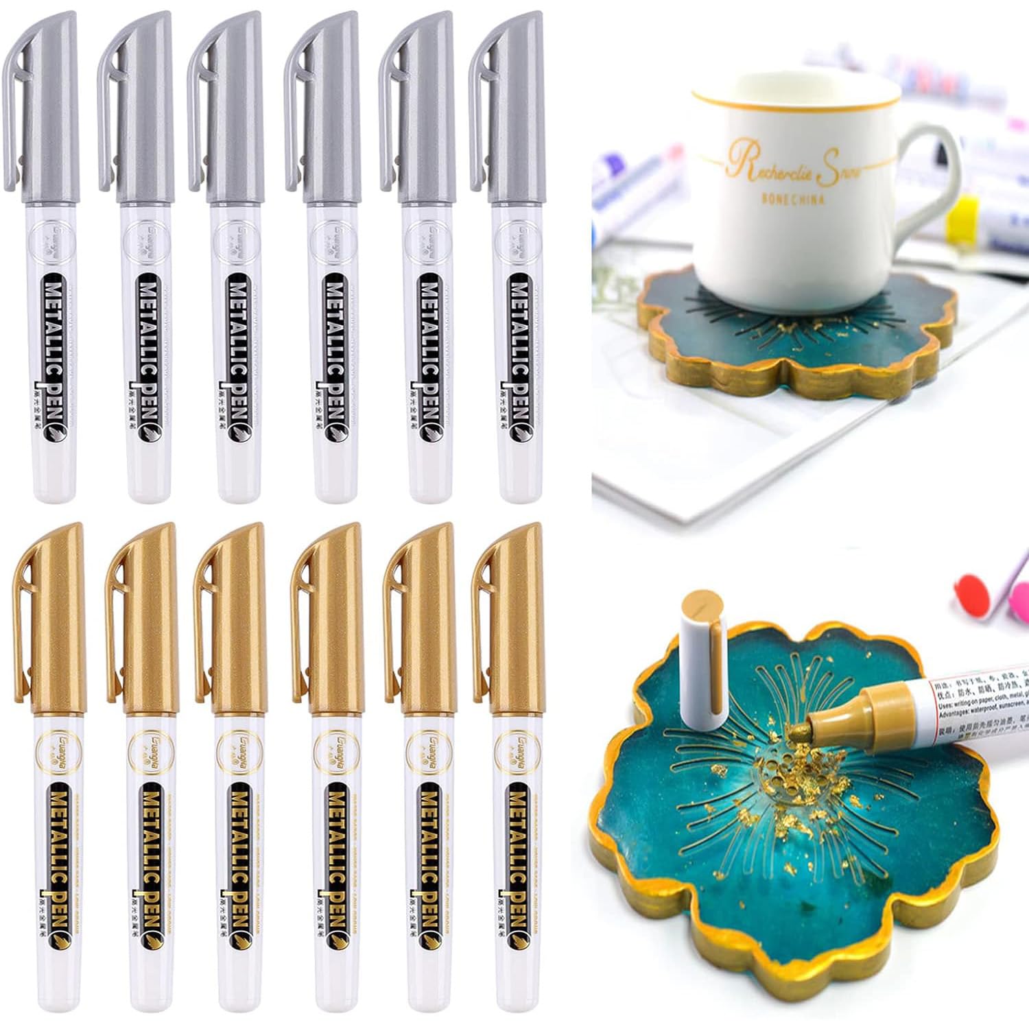 Joyzzz Metallic Marker Pens Set, 12 PCS Waterproof Metallic Acrylic Paint Pens Markers, Shiny Glittering Silver and Gold Resin Epoxy Paint Pens, Suitable for Glass, Rock Painting and Card Making