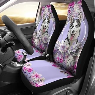 601 Uppsättning av 2 bilsätesskydd smutssäkra bilar framskydd mjuka biltillbehör hinkskydd roligt sibirisk husky & lila blommönster - husky älskare presenter, hundälskare gåvor