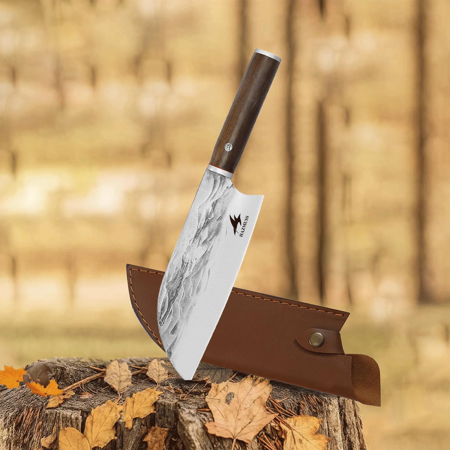 Coltello da Chef Artigianale 19,5 cm, Acciaio Alto Carbonio Affilato, Manico Legno di Frassino + Fodero in Pelle, Ideale per Cucina, Outdoor e Barbecue