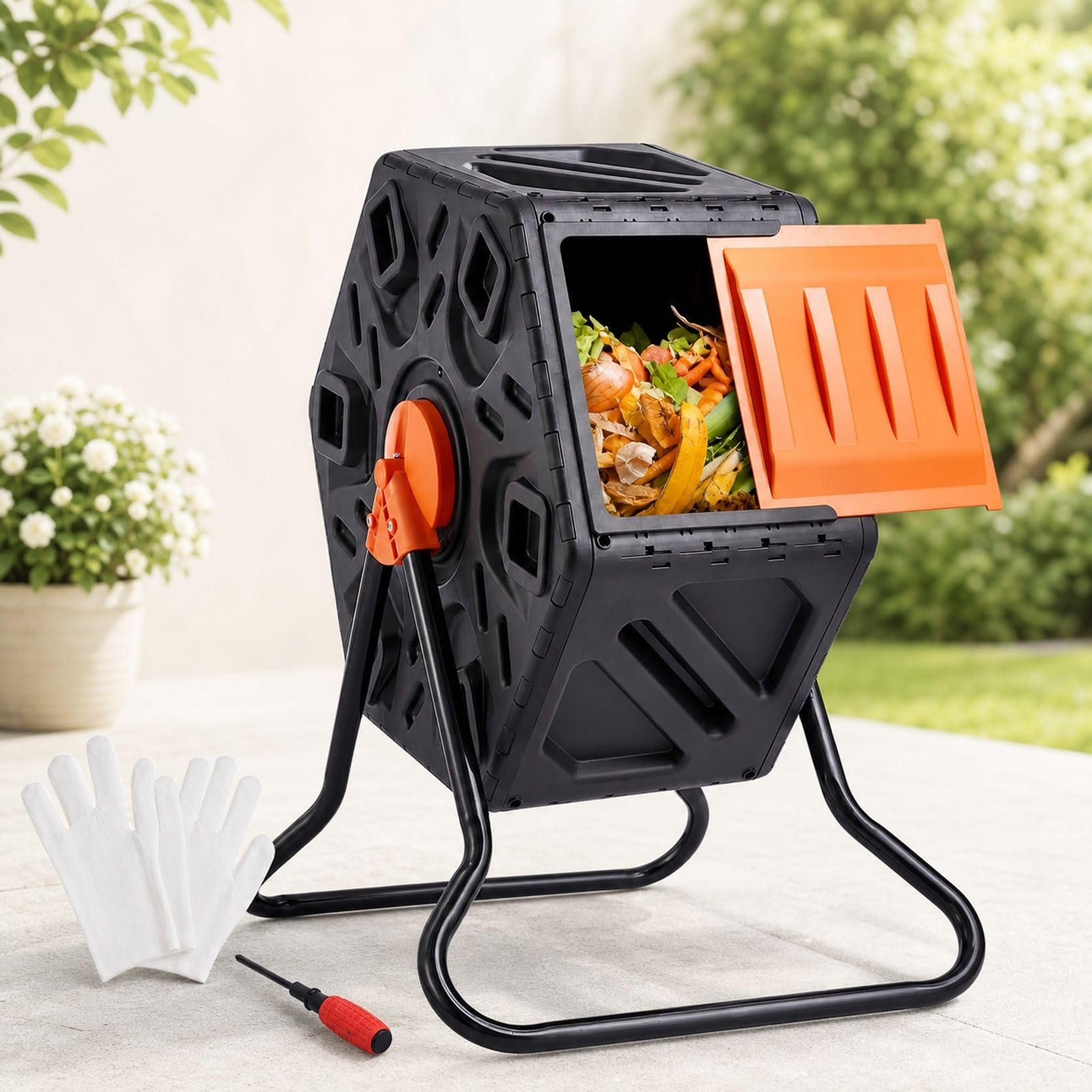 Composteur Rotatif de Jardin 70 L, bac à Compost à Chambre Unique, 360° Rotatif, en PP et Acier, Charge 20 kg