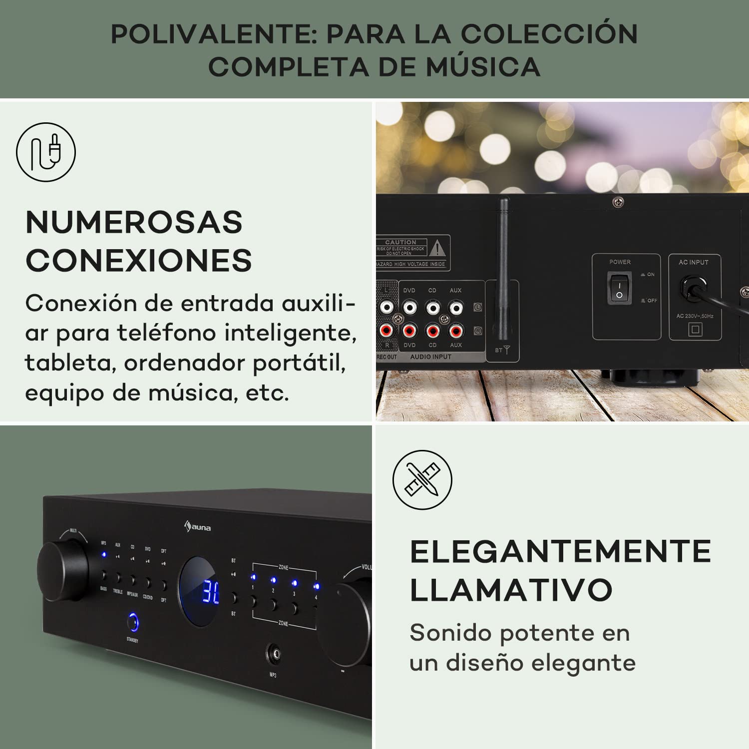 auna AMP-CD950 DG - Amplificador Digital, Multicanal, 4 Salidas estéreo, Potencia Salida 8 x 100 W RMS, Entrada óptica, Bluetooth, AUX, CD/DVD, MP3, Procesador Digital de señales, LED, Negro