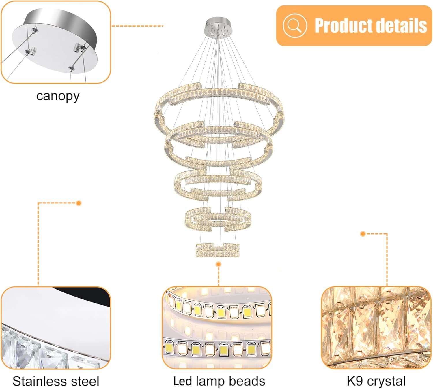 Modern Large Ring Chandelier Lighting, LED 5 Ring Crystal Chandelier High Ceiling Foyer Chandeliers for Staircase Living Room Silver D47.5''+D40''+D32''+D24''+D16''