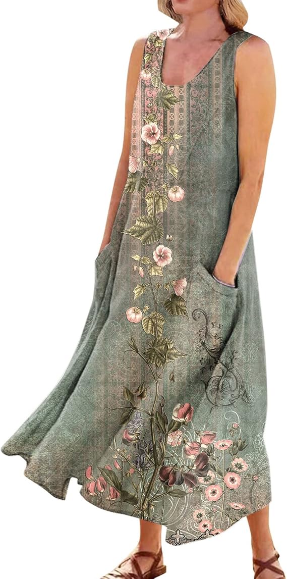Plus Size Cotton Linen Summer Dresses for Curvy Women 2025 Sleeveless Maxi Vacation Beach Sundresses with Pockets