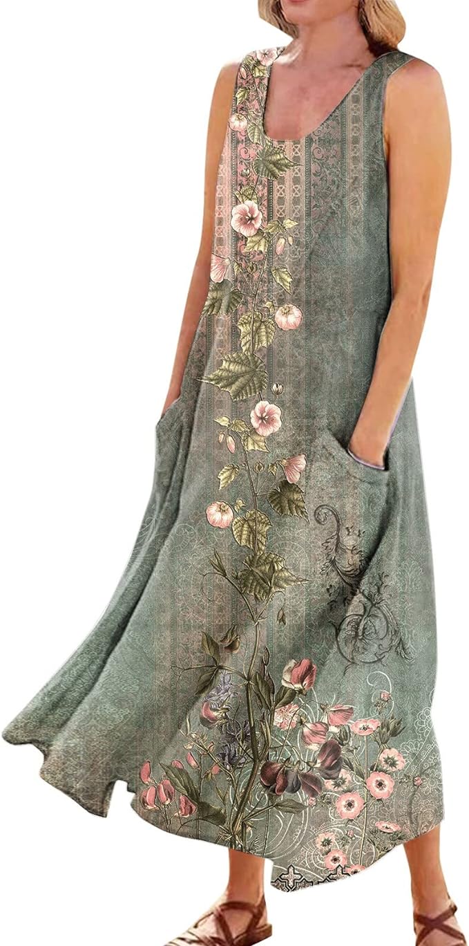 Plus Size Cotton Linen Summer Dresses for Curvy Women 2025 Sleeveless Maxi Vacation Beach Sundresses with Pockets