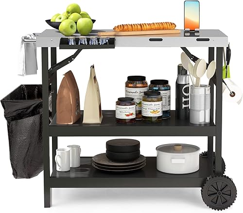 GOFLAME Carrito de comedor para parrilla al aire libre de 3 estantes, mesa de carrito de preparación de alimentos movible con estante ajustable,