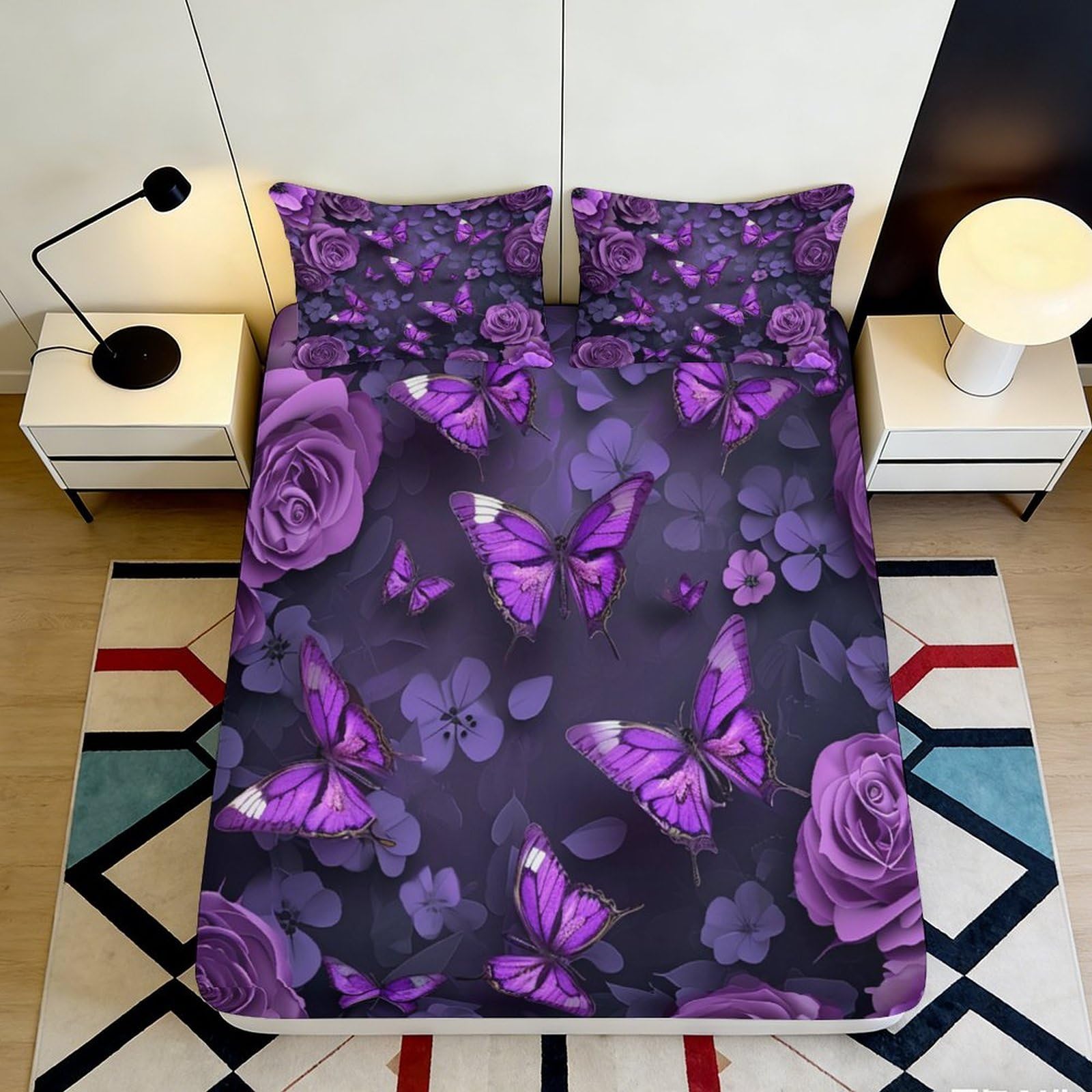 3D Printed Purple Butterfly Fitted Sheet, Microfiber Soft Touch, Wrinkle Resistant, Home Decor, Bed Cover for Main Bedroom or Guest Room, Apartment Bedding, Easy Care, 160x200x25cm