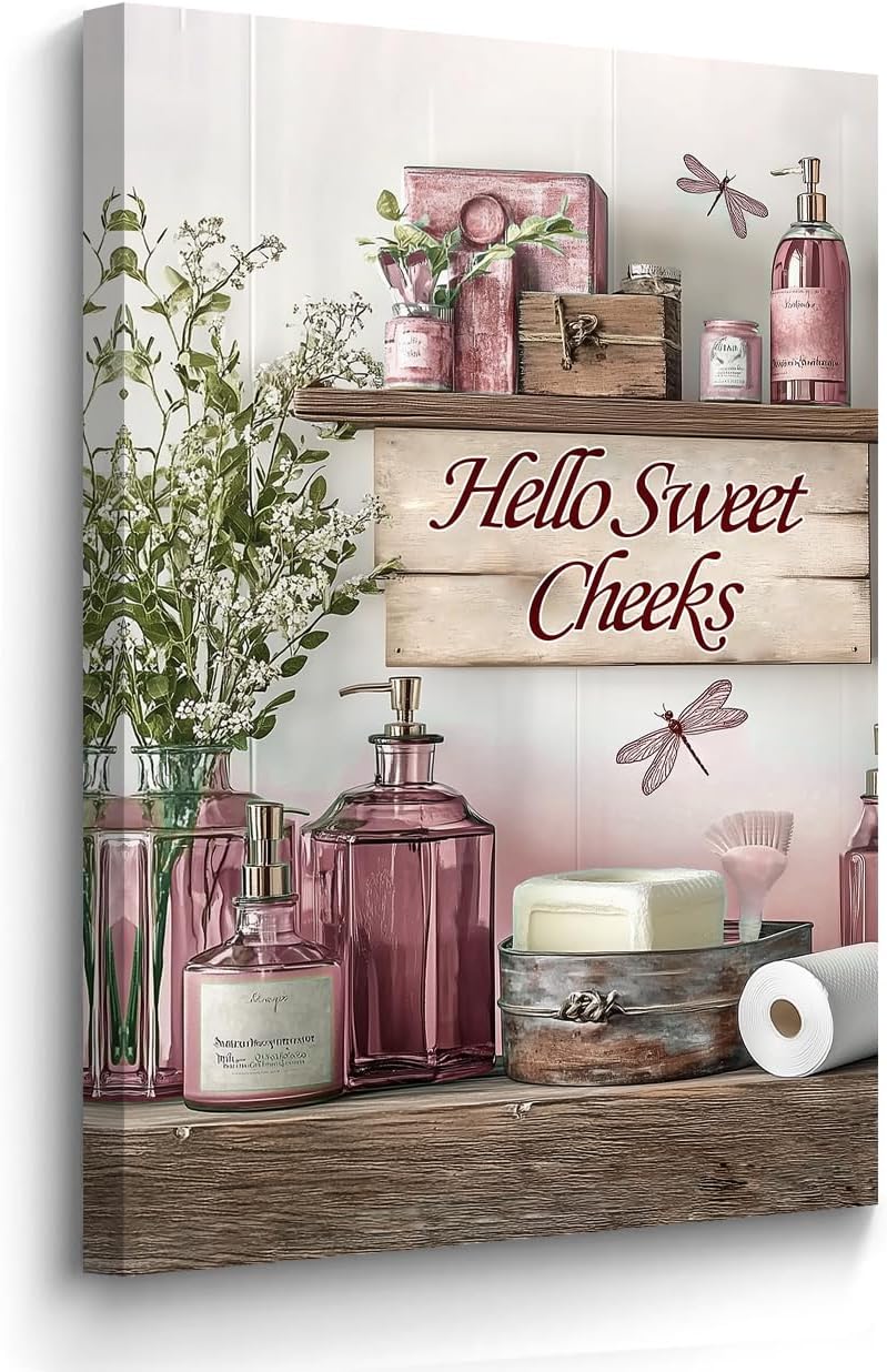 BJYCHG Rustic Bathroom Canvas Wall Art Pink Bathroom Picture Sign Farmhouse Floral Jars Painting Prints for Toilet Laundry Powder Room Decor Framed (Pink, 20L x 16W)