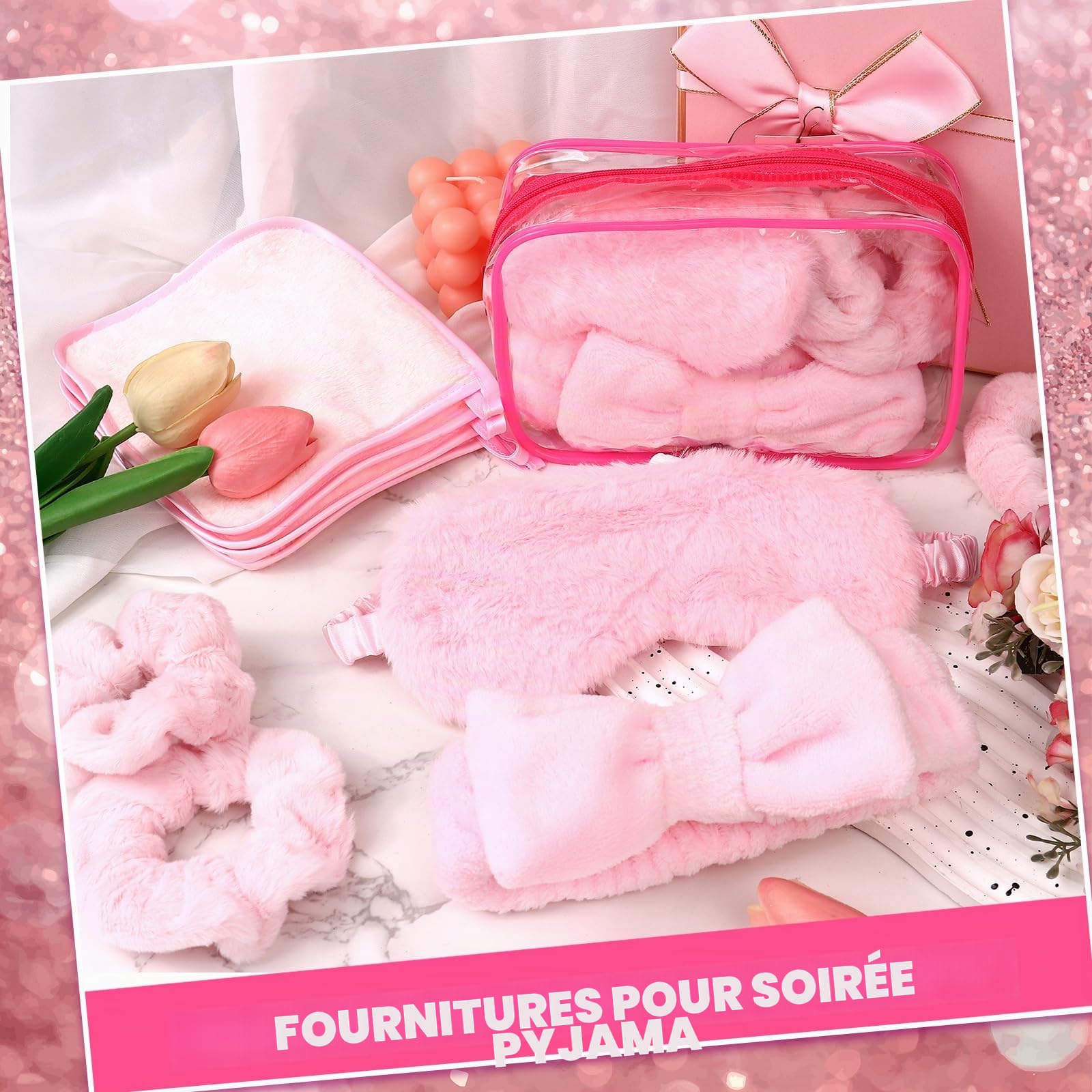 Lot de 30 accessoires de fête pyjama pour filles comprenant 6 bandeaux à nœud rose, 6 masques de sommeil en peluche, 6 chouchous en velours, 6 chiffons démaquillants et 6 trousses cosmétiques en PVC