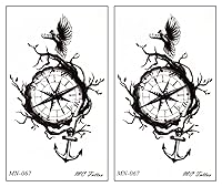 Vista 1 de Mini tatuajes, 2 hojas de reloj de brújula de anclaje de pájaro, tatuaje de dibujos animados, calcomanías temporales falsas, hojas de tatuajes