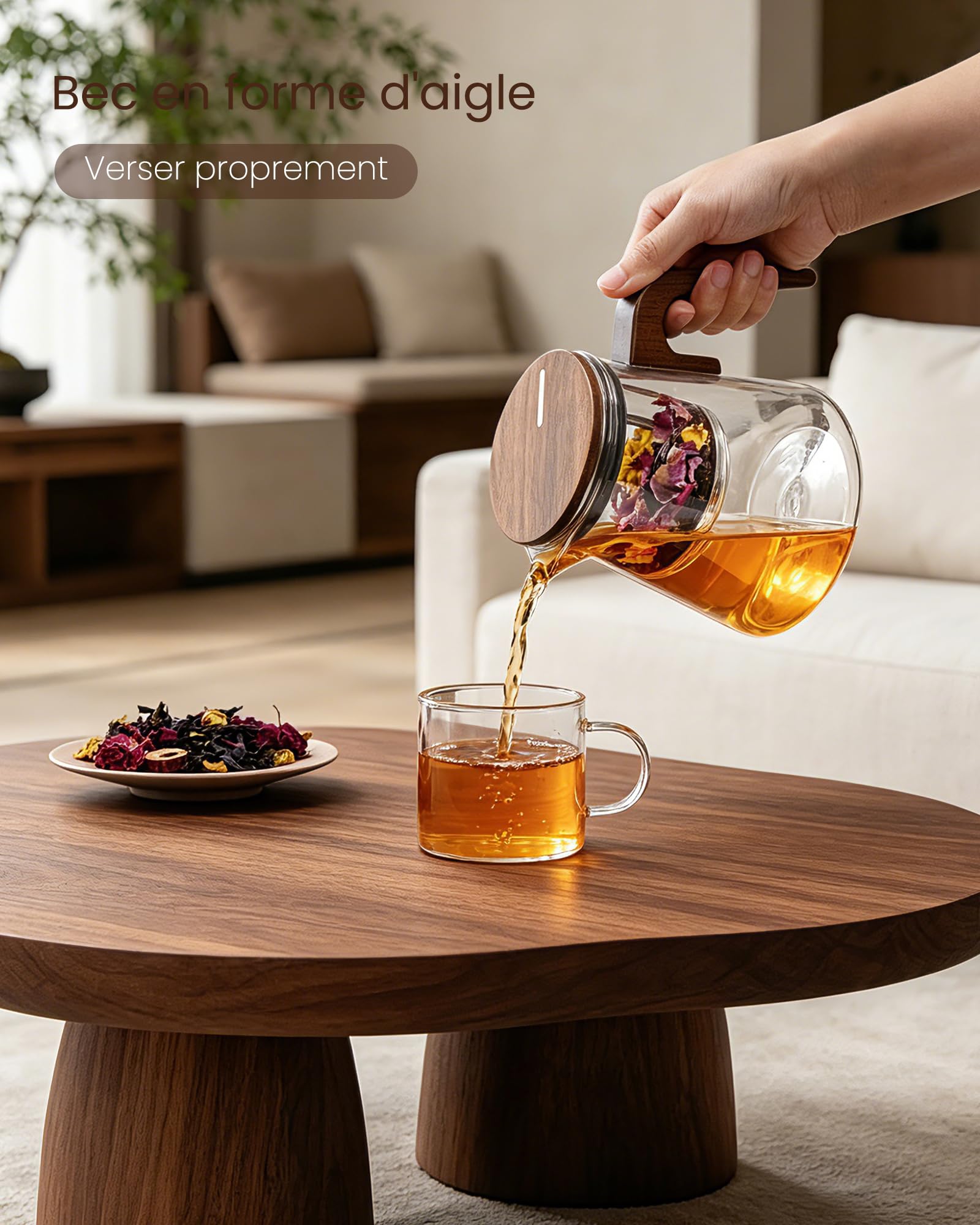 ZENS Theiere con infusor, Magic tetera de cristal con tapa de succión magnética para té de hojas sueltas sin daños, mango de madera de nogal, regalos para los amantes del té-800ML
