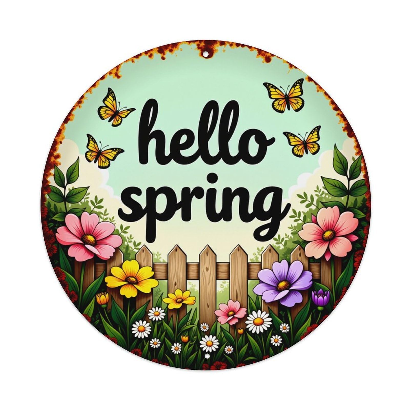 Hello Spring Garden Butterflies Flowers Round Tin Sign Vintage Metal Sign Home Bar Garden Indoor & Outdoor Wall Decor Retro Metal Poster 8x8 Inch
