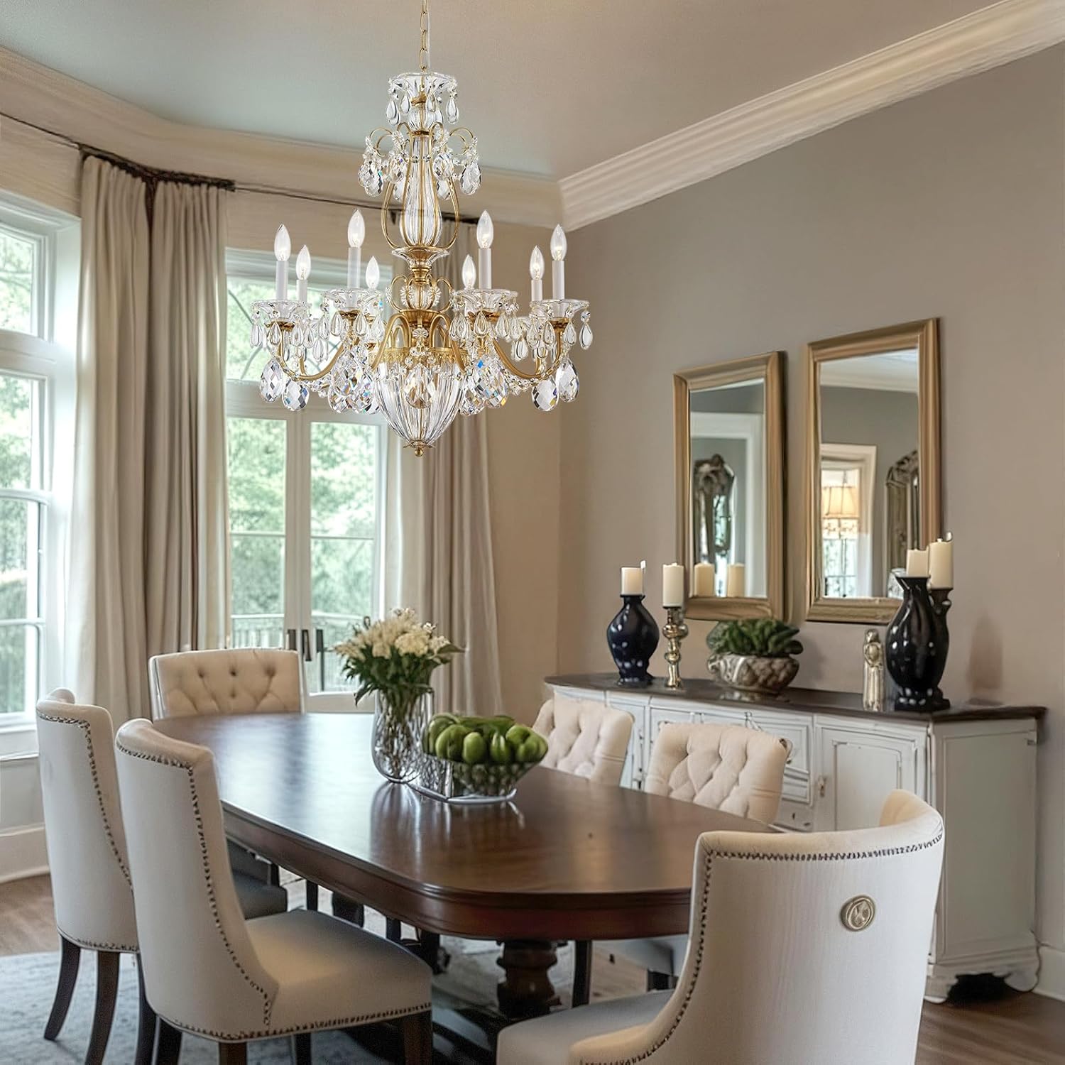 Contemporary Crystal Chandelier for Dining Room, 8-Light Vintage Brass Chandelier, Pendant Ceiling Light Fixture for Living Room Hallway Entryway Foyer Staircase 30.3" H x 26.8" D