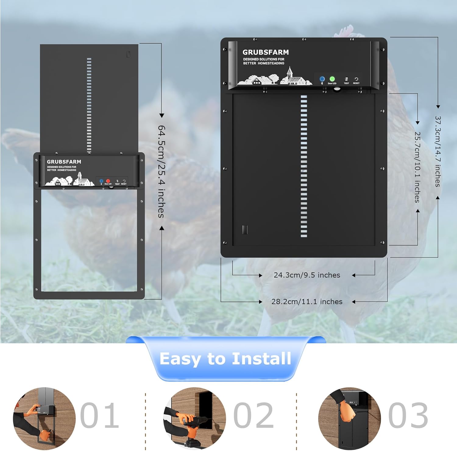Automatic Chicken Coop Door, Programmable via App Timer, Solar/Battery/Grid Powered Design with Anti-Pinch Protection, Waterproof Aluminum Auto Door for Chickens & Ducks,Plug & Play Setup - GRUBSFARM