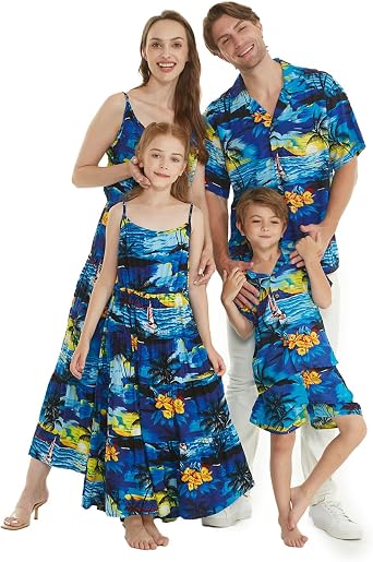 Hawaii Hangover Family Matching Hawaiian Clothes, Sunset Blue | Family matching Hawaiian outfits, Sunset Blue, lightweight rayon, machine washable, tropical print, luaus, cruises