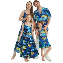 Hawaii Hangover Family Matching Hawaiian Clothes, Sunset Blue | Family matching Hawaiian outfits, Sunset Blue, lightweight rayon, machine washable, tropical print, luaus, cruises