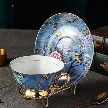 Bone China Cup& Saucer Set, 6.8oz- Birds& Trees (Blue Purple)