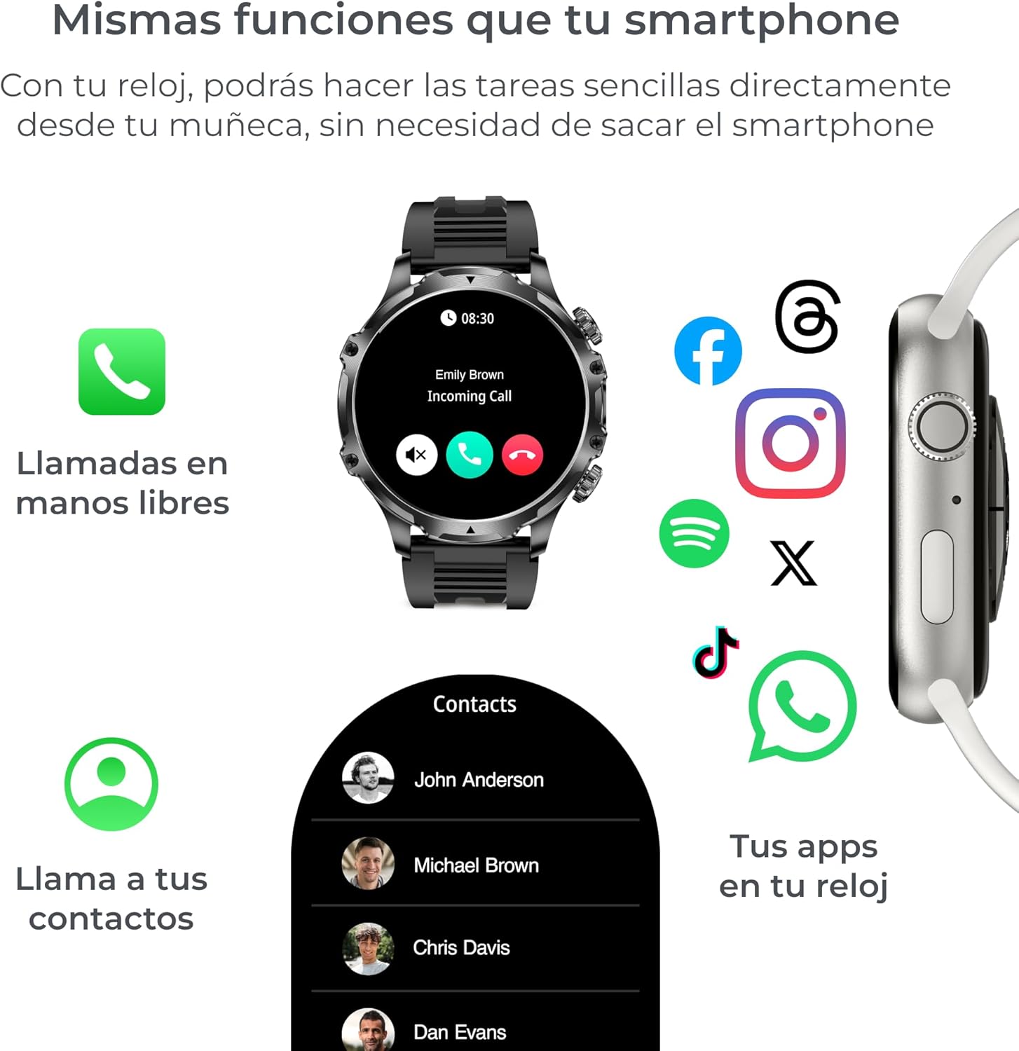 KSIX Venture Smartwatch showing an incoming call and various app icons for notifications like Facebook, Instagram, WhatsApp, TikTok, and X.