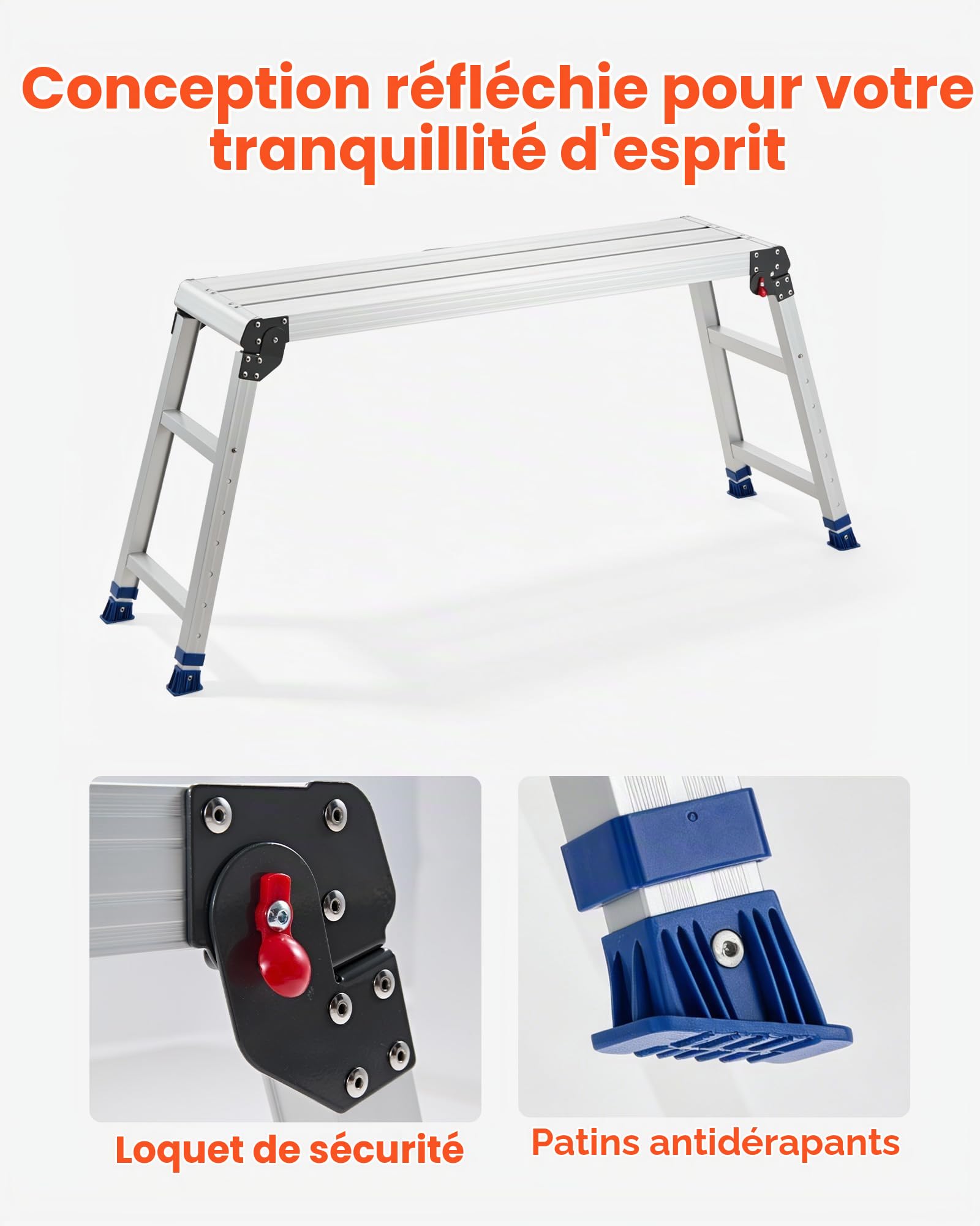 VEVOR Plateforme de Travail Pliable 1016x305 mm Hauteur Réglable 584-876 mm, Marchepied Alliage d'Aluminium, Charge Max. 226,8 kg, pour Peinture, Nettoyage, Maison, Usage Professionnel, Antidérapant