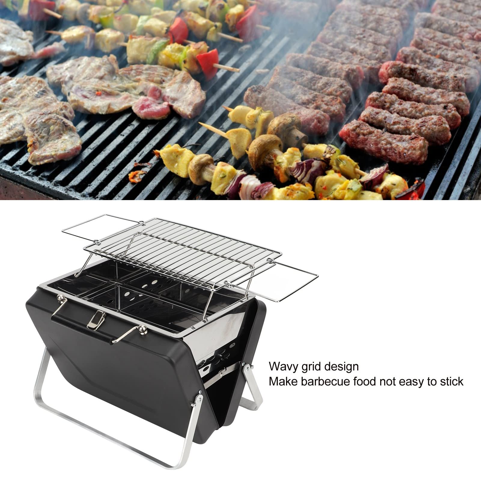 Składany Grill, łatwa Konfiguracja Przenośny Grill Węglowy ze Stali Nierdzewnej 410 na Piknik w Ogrodzie (Czarny)