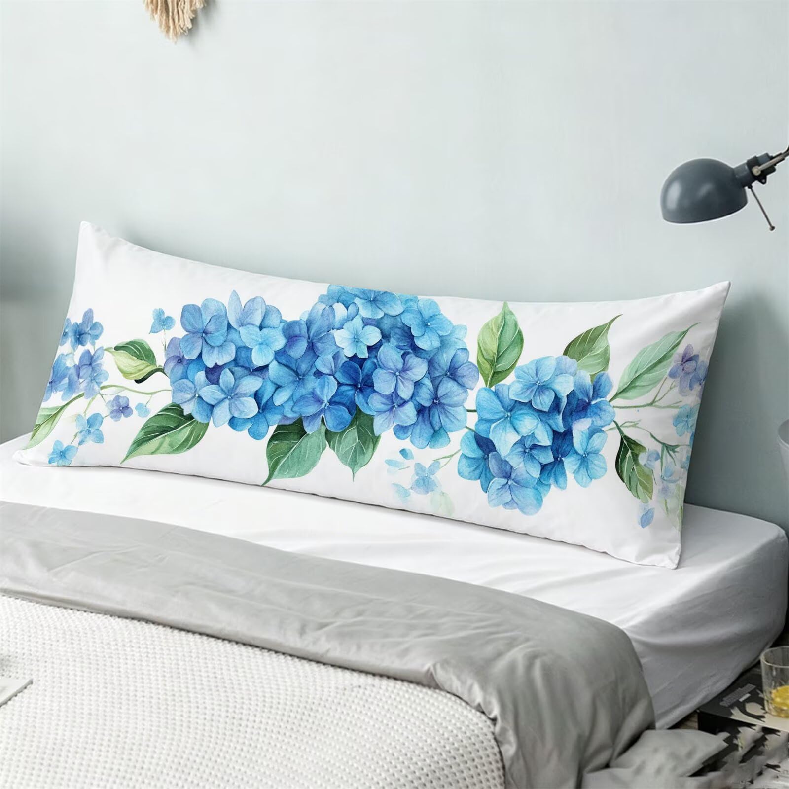 Funda de Almohada 60 x 180 cm Azul Protector Almohada 180 cm con Cremallera Invisible, Terciopelo Suave y Transpirable Pillow Case Flor Impresión a Doble Cara para Cama, Sofá y Dormitorio dg-211