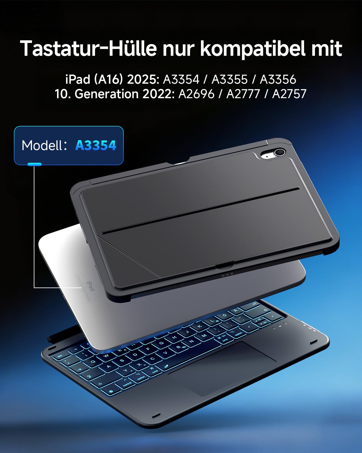 CACOE iPad 11 Hülle mit Tastatur (A16) 2025 & iPad 10. Generation 10,9 Zoll, Magnetisch Abnehmbare Keyboard Case mit Trackpad und Stifthalter, QWERTZ Layout, Ultradünn & Leicht, Grau
