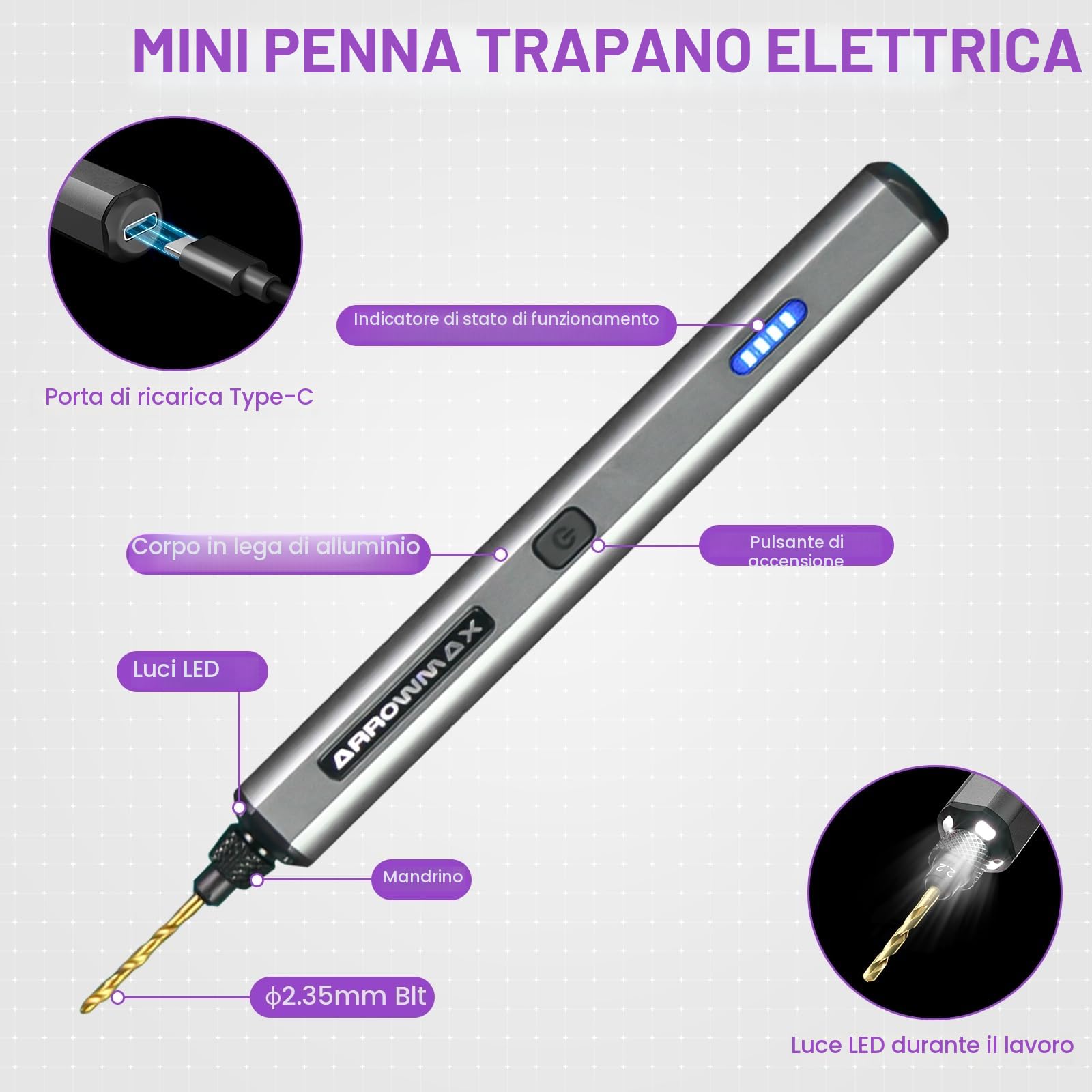 ARROWMAX Mini penna trapano 13 in 1, custodia alluminio, ricaricabile, 800 giri/min, morsa ago, 10 punte HSS, fai da te, legno, gioielli