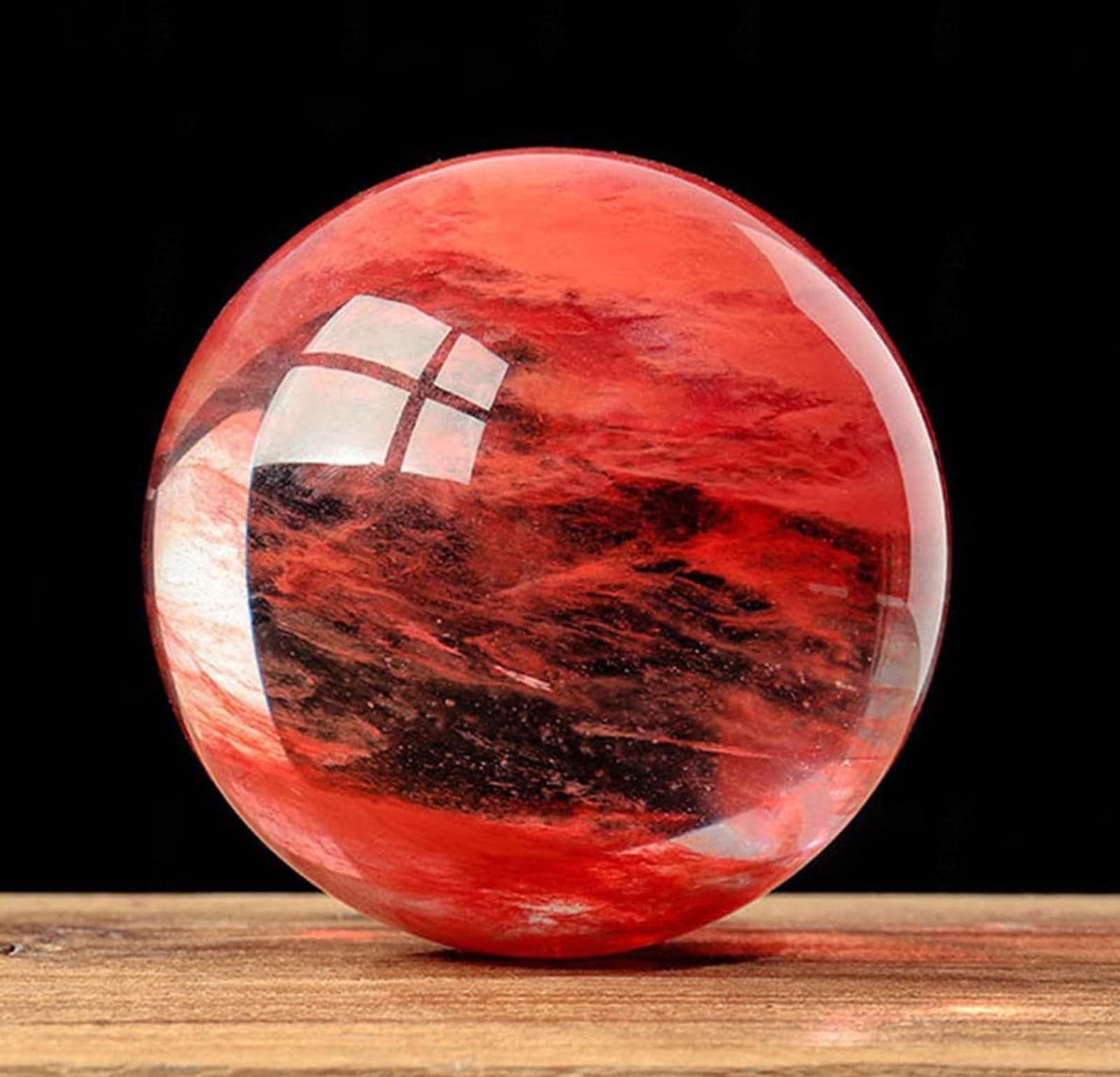 AUOQKQUT Crystal Ball Red Sphere Melting Ruby Feng Shui Home Decoration Stones Polished with Wood Stand,7cm/2.7in