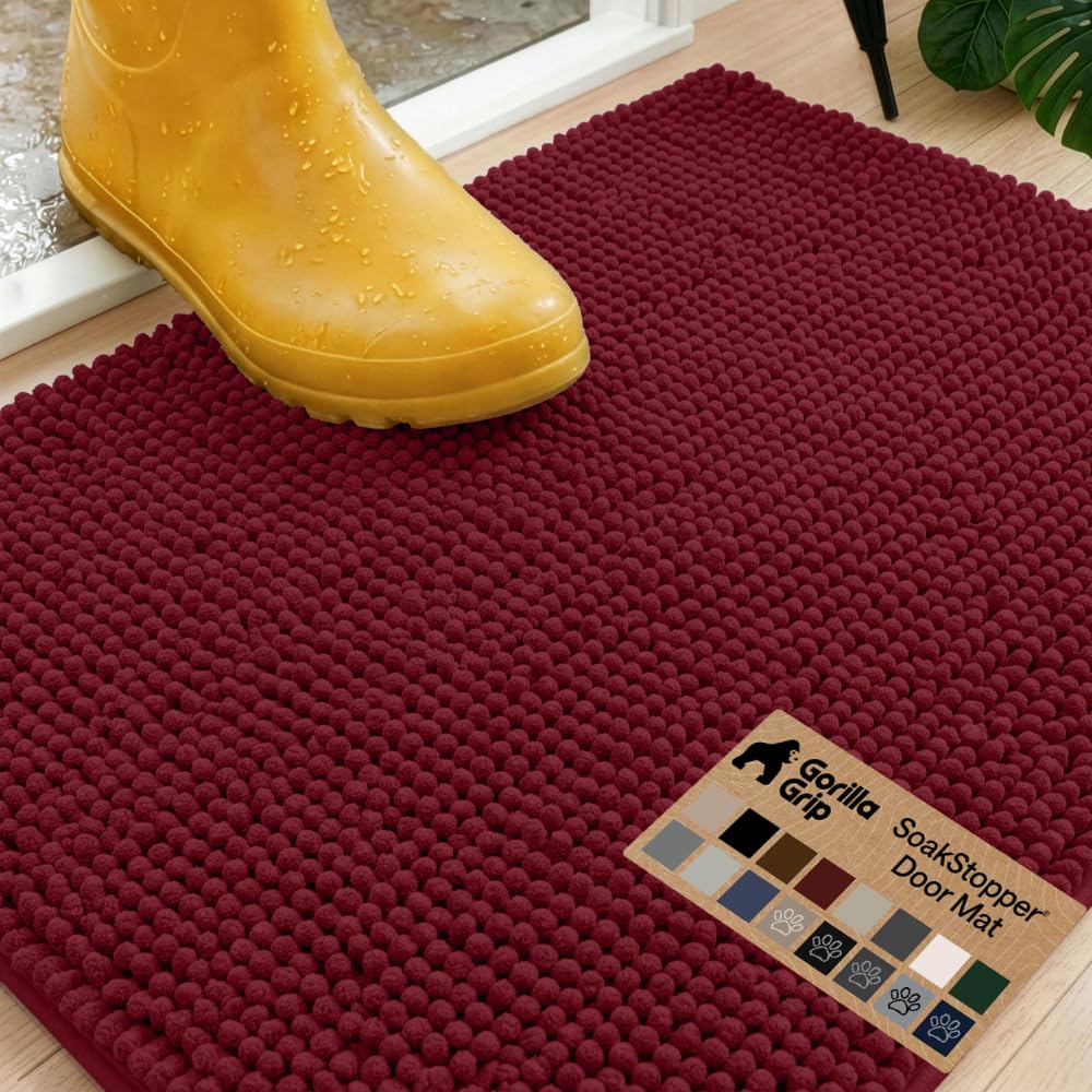 Gorilla Grip Original Indoor Durable Chenille Doormat, 24x17, Absorbent Machine Washable Inside Mats, Low-Profile Rug Doormats for Entry, Back Door, Mud Room Mat, High Traffic Areas, Burgundy