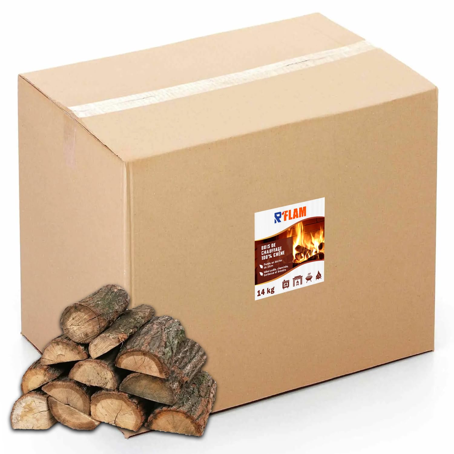 Bois de Chauffage 100% Chêne – Bûches 25 cm – Bois Sec Haute Performance – Idéal poêle, cheminée, Barbecue, braséro – R’FLAM - 14 KG