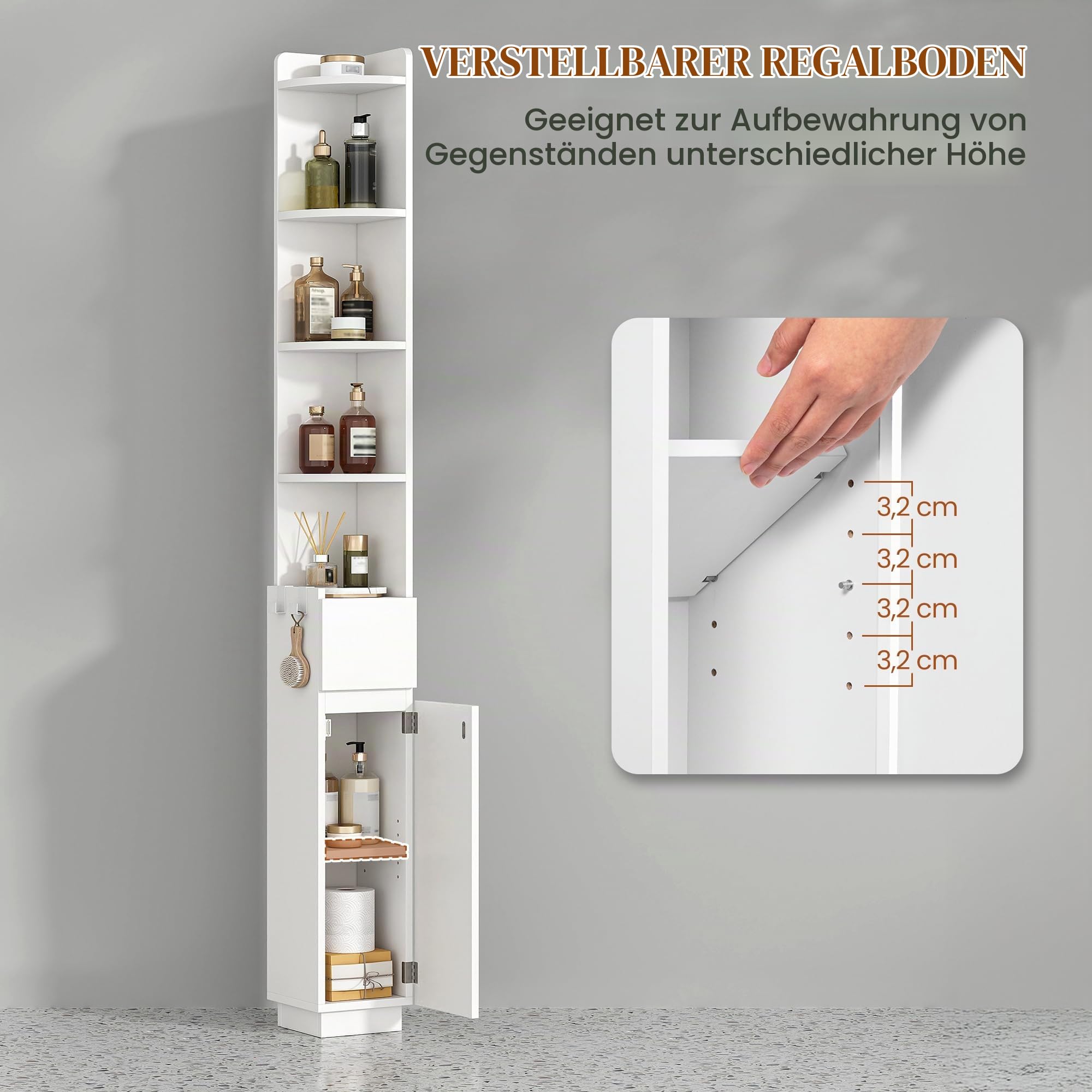 HEXCELEN Badezimmerschrank, Toilettenschrank, 20 x 20 x 185,6 cm Weiß