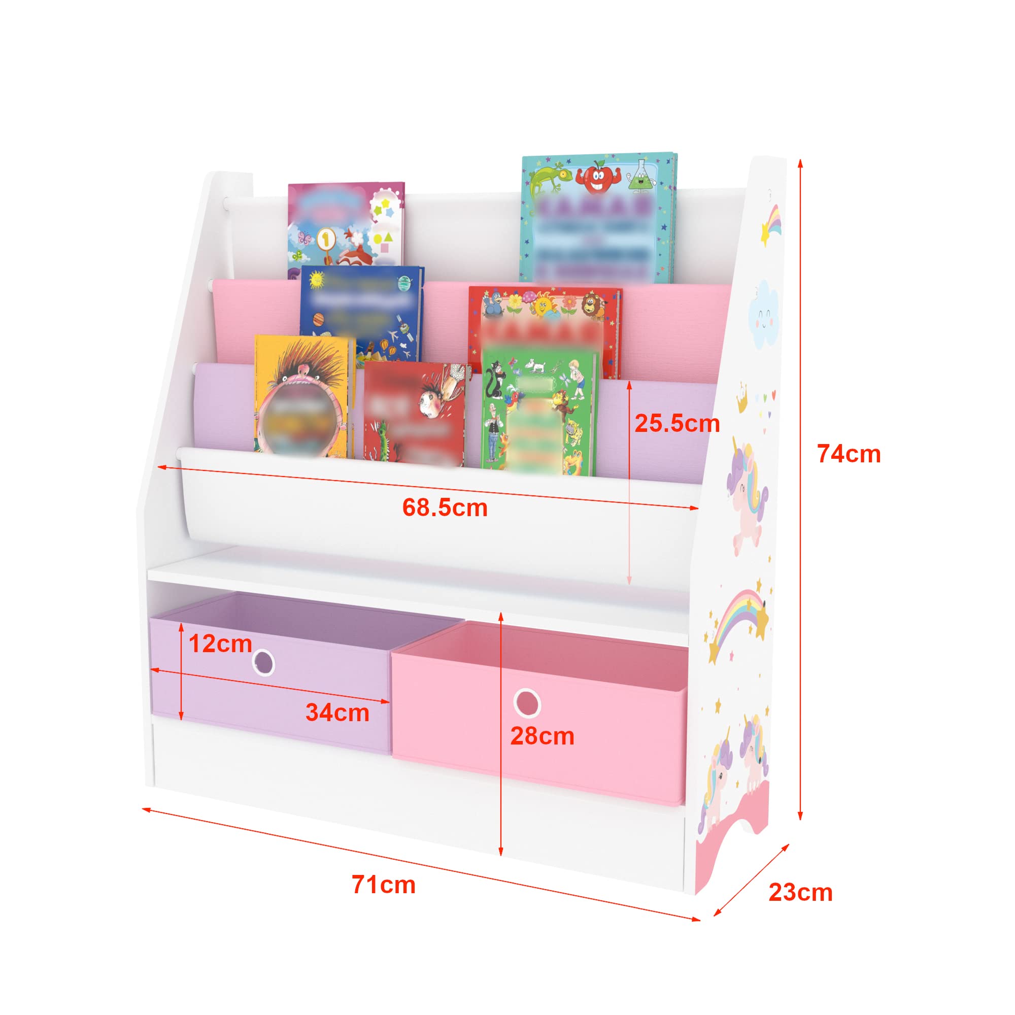 [en.casa] Scaffale per Cameretta con Contenitori a Scaletta per Libri e Scatole Pieghevoli Porta Giochi - Mobile a Misura di Bimbi in Design Unicorno - Viola/Rosa/Bianco