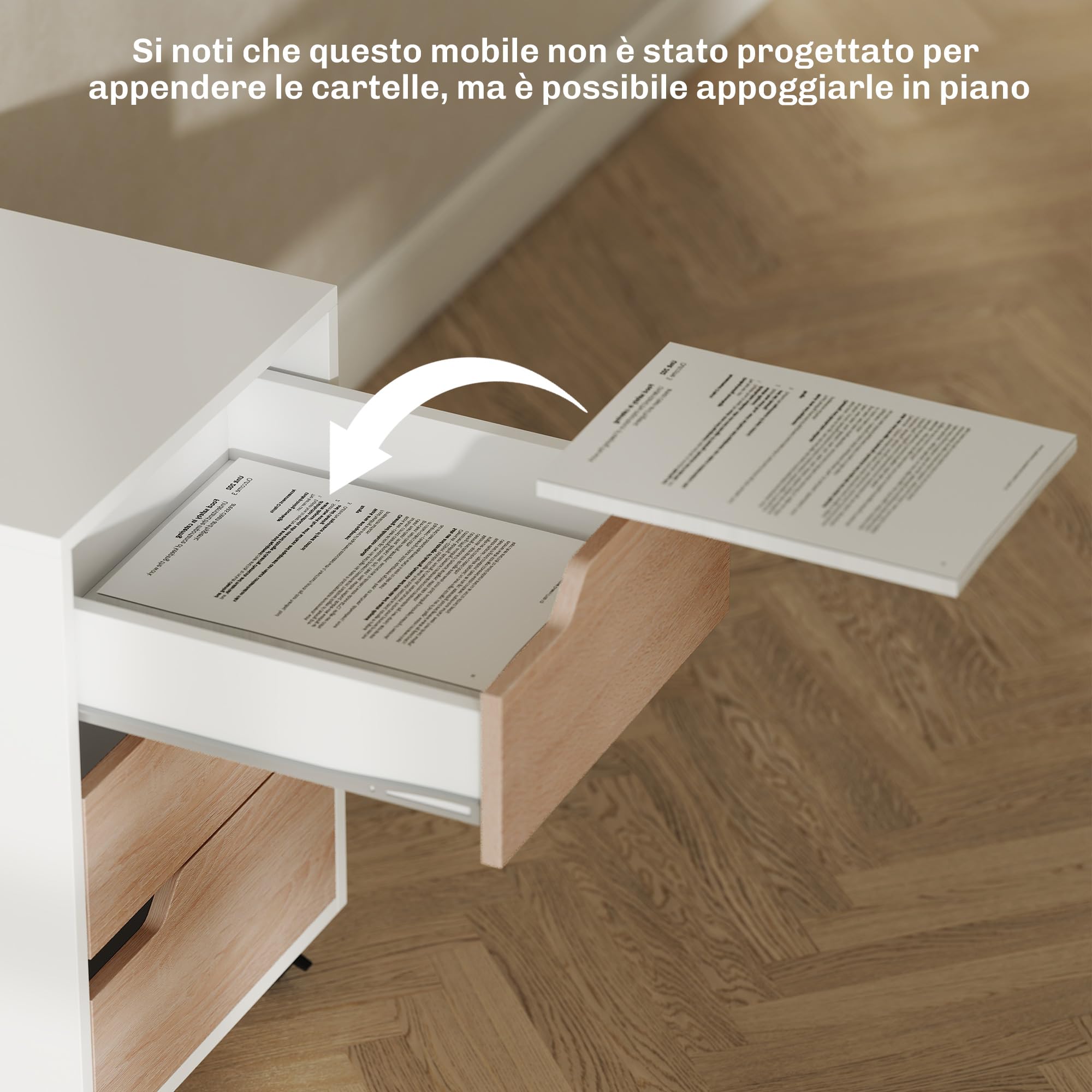 HOMCOM Cassettiera da Ufficio Portadocumenti a 3 Cassetti con Maniglie a Scomparsa, Armadietto da Ufficio a 4 Ruote in Legno e Metallo, 40x50x57.5 cm, Legno e Bianco